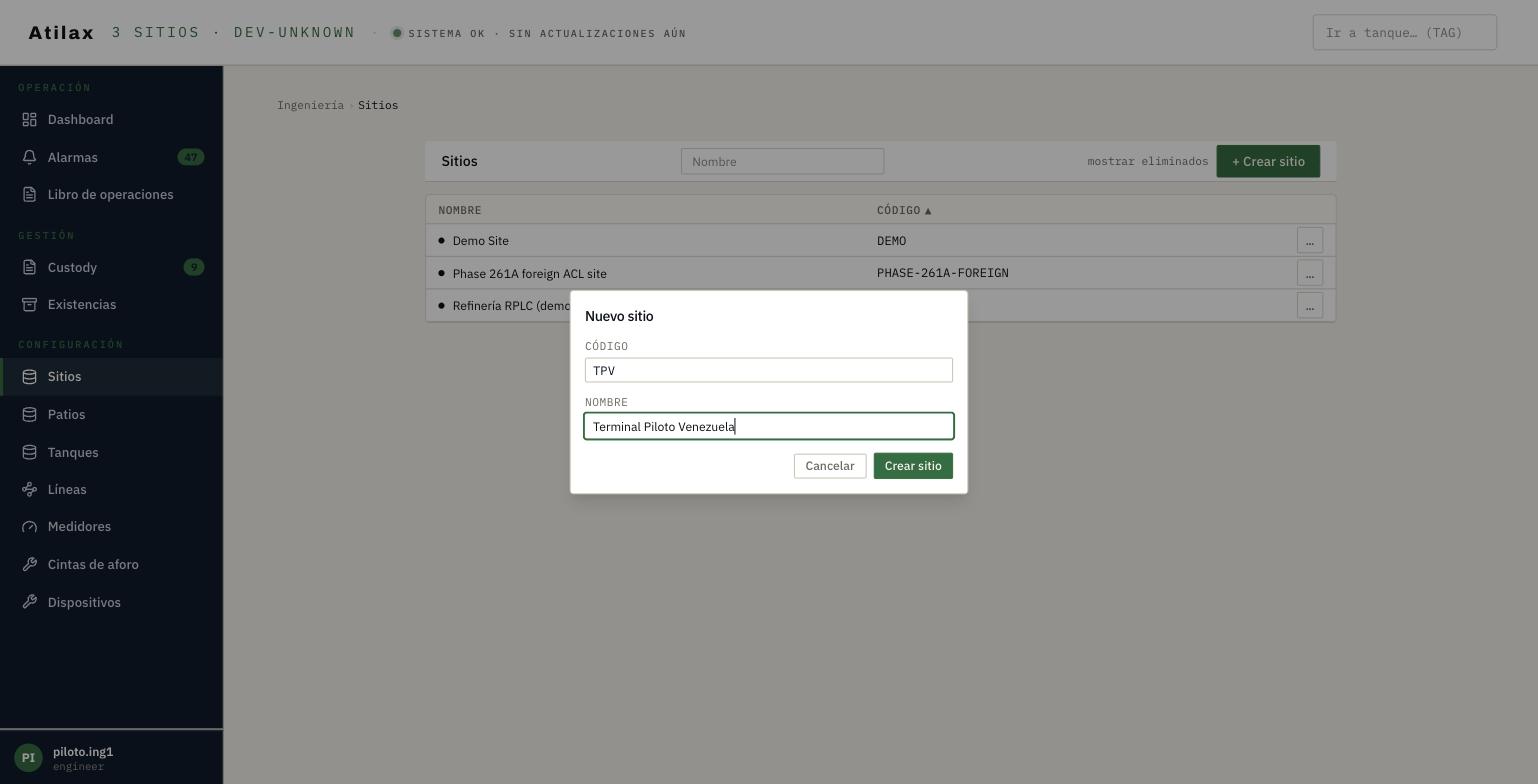 Diálogo «Nuevo sitio» con código y nombre.