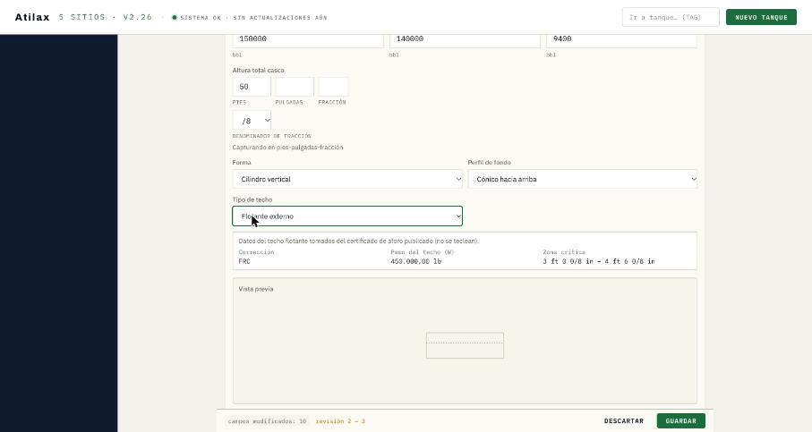 Techo flotante externo con los datos tomados del certificado de aforo.