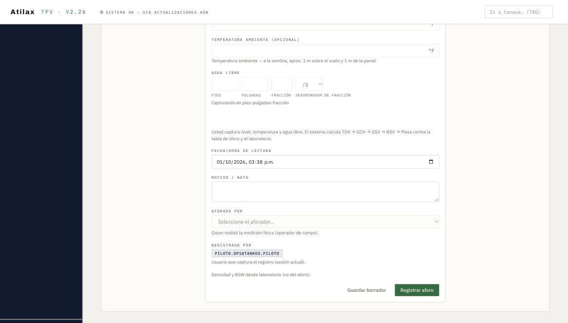 Fecha por defecto, «Aforado por» y «Registrado por».
