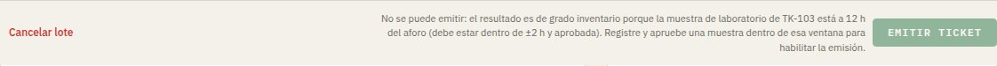 Emisión deshabilitada por la muestra fuera de ±2 h, con el motivo en pantalla.