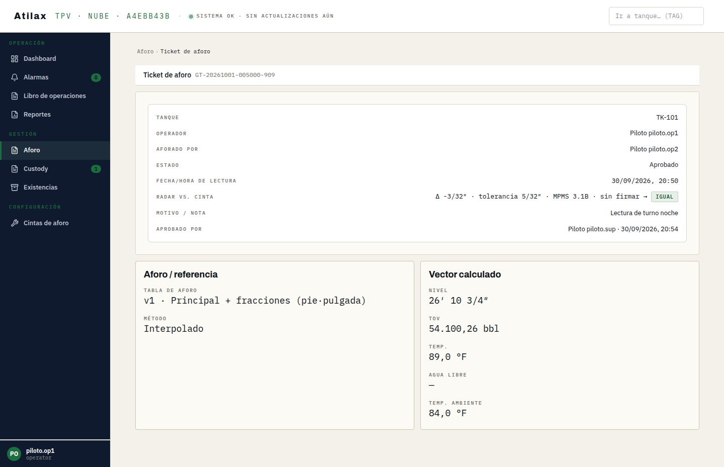 Ticket de aforo aprobado: registrado por un operador, aforado por otro, Δ -3/32″ con tolerancia 5/32″ → IGUAL, tabla «v1 · Principal + fracciones (pie·pulgada)».