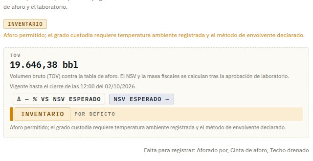 La vista previa dice por qué el grado es inventario y de dónde sale la densidad (aquí, «por defecto», el valor del producto), y qué falta para registrar.